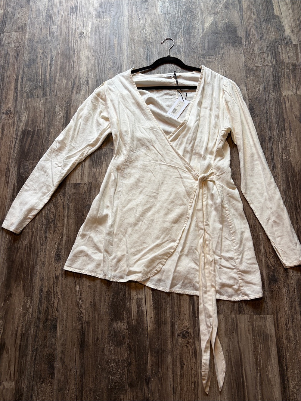 WeWoreWhat Cream Wrap Front Long Sleeve Linen dress